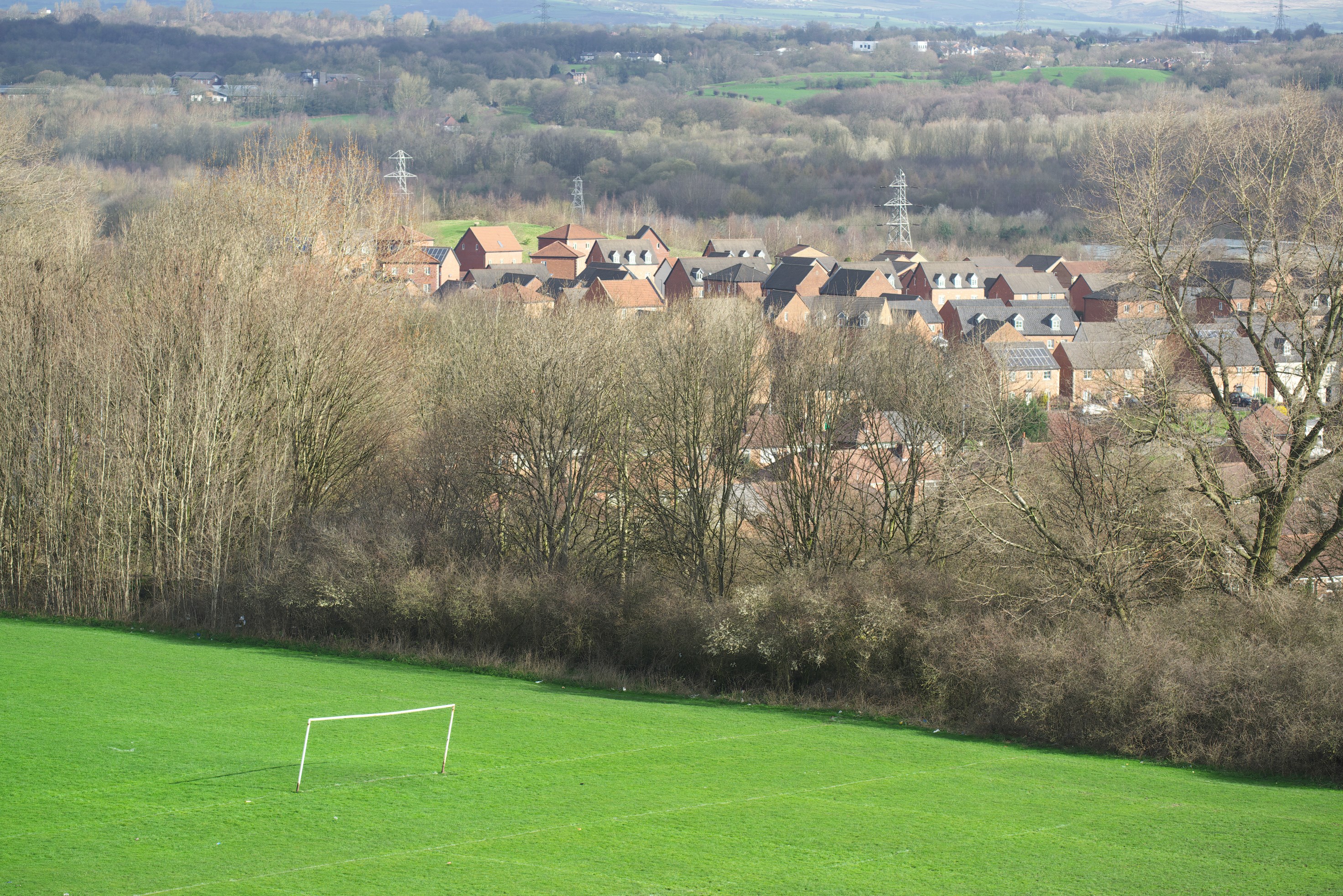 Sports field with goal posts and houses in the distance