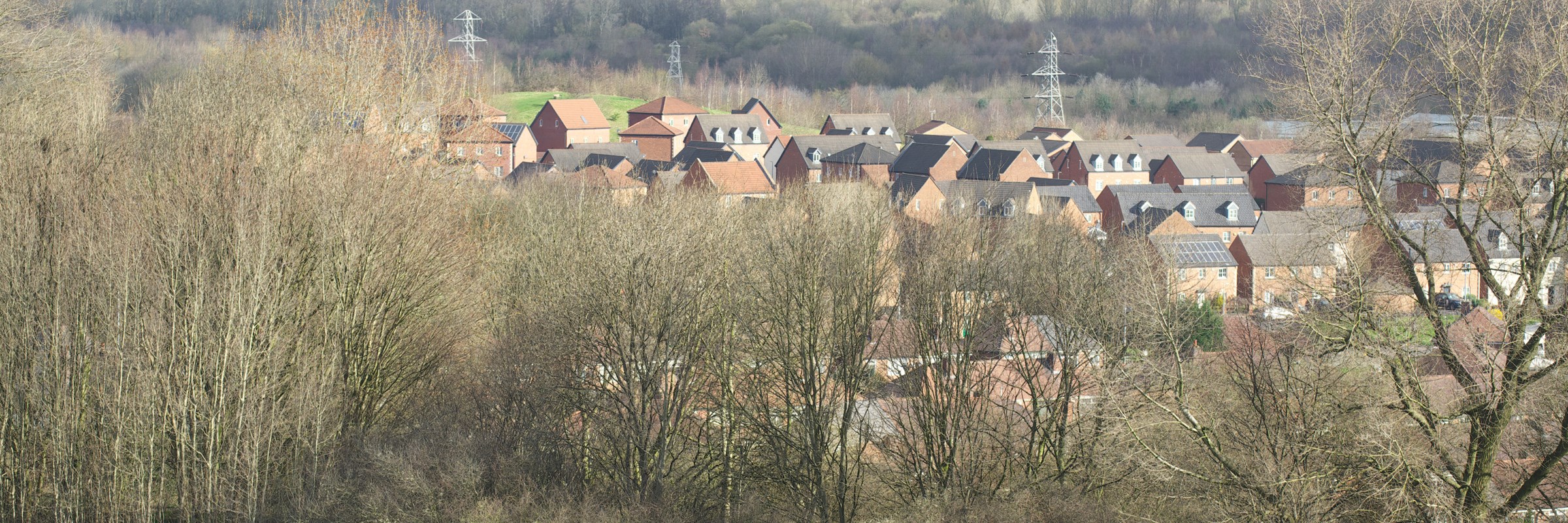Sports field with goal posts and houses in the distance