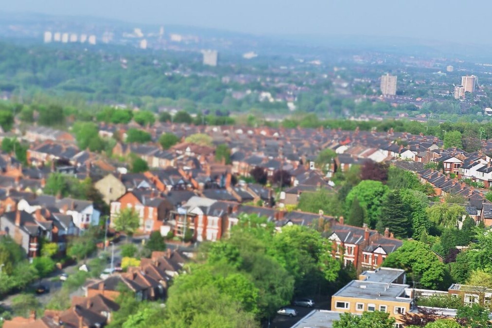 Ariel view of houses in Greater Manchester