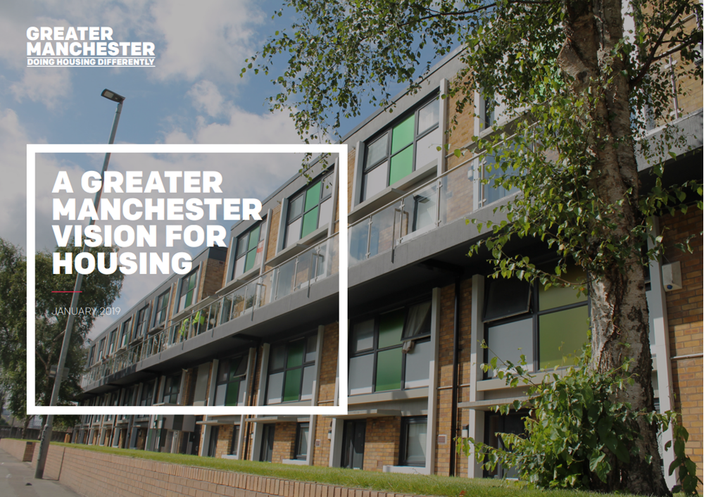 Front cover of the Greater Manchester Housing Vision, which shows a two-storey row of modern flats on a sunny dayflats