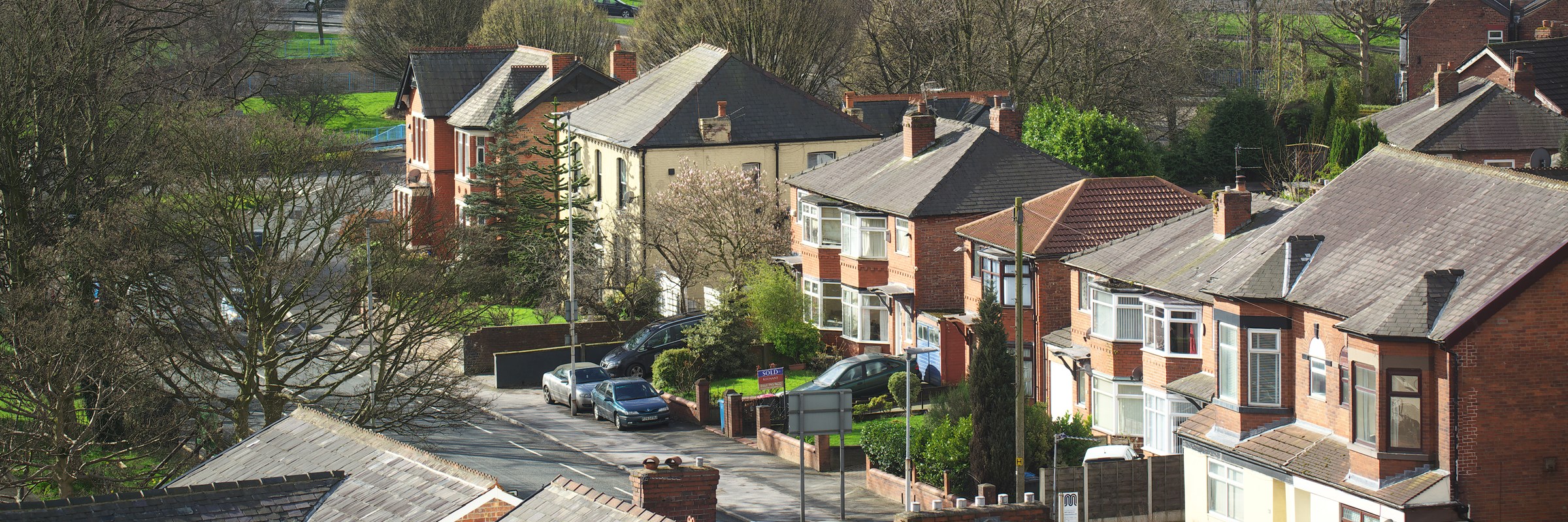 Birds eye view of a street with houses