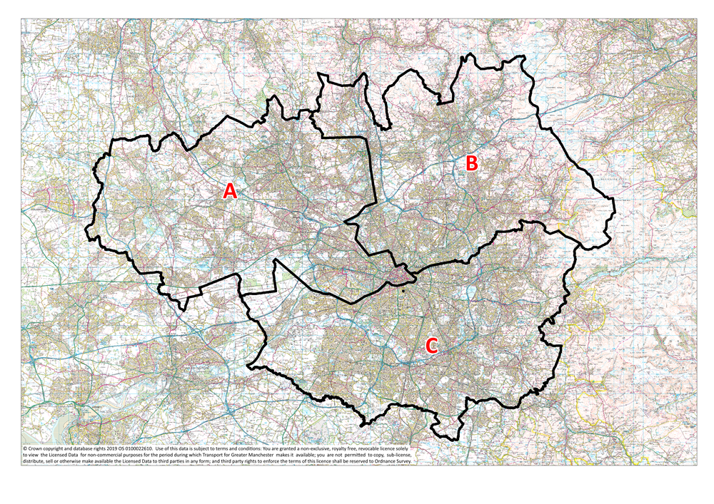 Map of Greater Manchester with sub areas A.B and C