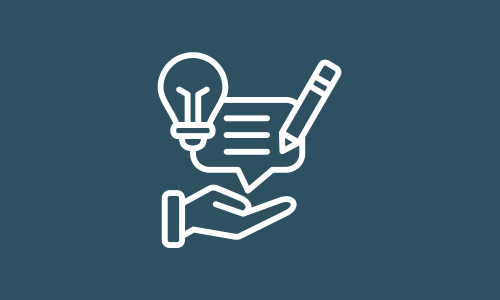 Cartoon outlines of a lightbulb, a speech mark, a pencil and a hand. The hand is holding the other graphics in its palm. The outlines are in white on a blue background. 