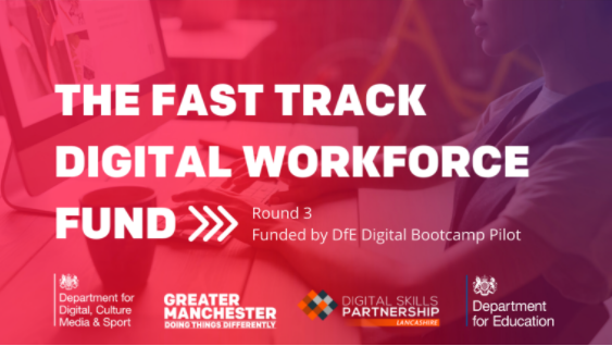 Image of a women working on a computer with the text The Fast Track Digital Workforce Fund, Round 3 by DFE Digital Bootcamp Pilot across the top