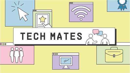 A yellow image with the text in the middle reading: Tech Mates with a series of graphics around the background of the wifi symbol, a laptop and a briefcase