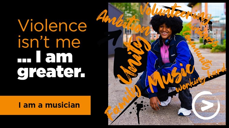 Young girl crouched down wearing headphones with strapline violence isn't me, I am greater, I am a musician