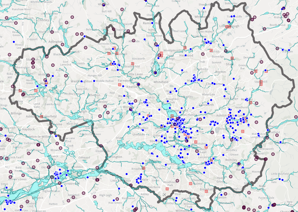 Map of Greater Manchester showing locations potentially suitable for new energy generation, identified as a series of blue dots.