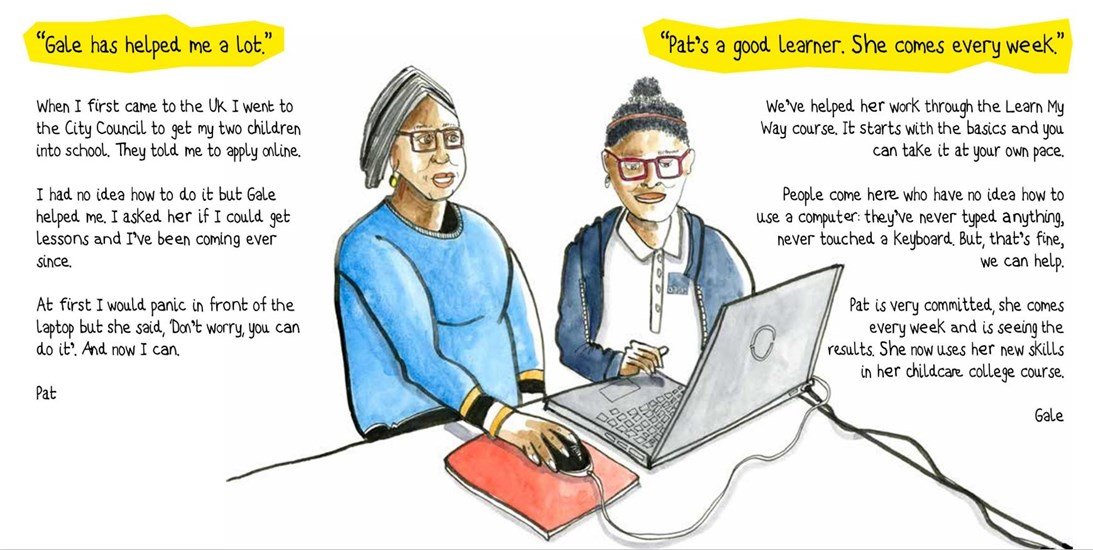 An illustration of two women sat at a table on a laptop