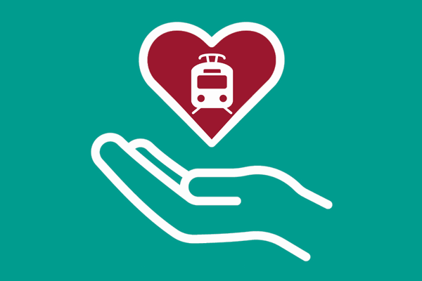 Graphic of a hand holding a heart with a tram inside