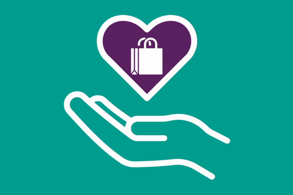 Graphic of a hand holding a heart with a bag of shopping inside
