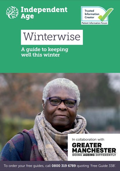 Front cover of winterwise guide - an older lady wearing glasses, with short, grey hair, looks into the camera. She is wrapped up in a scarf and coat.