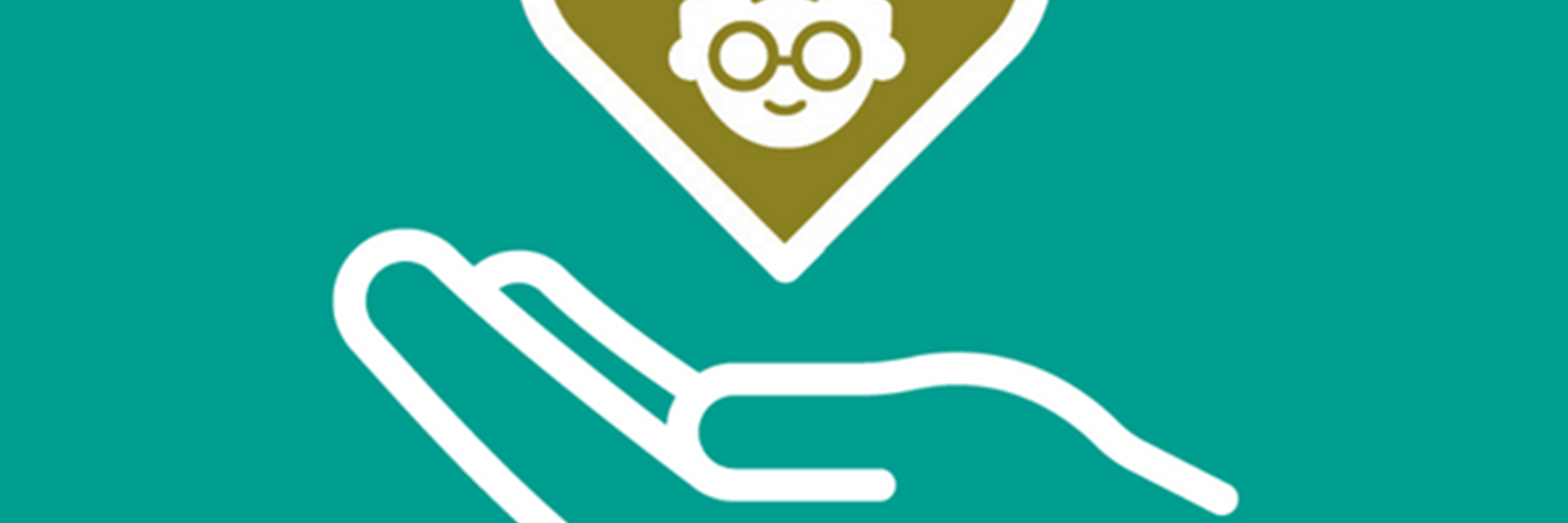 Heart icon with an icon of an older person wearing glasses. This is positioned above an open hand