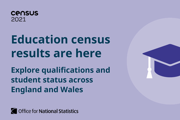 Image containing ONS graphic with an image of a mortarboard and the text "Education census results are here"