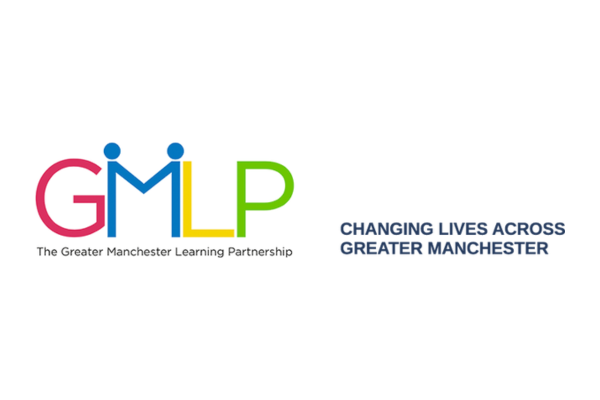 GLMP logo. GMLP with each letter in a different colour: red, blue, yellow, green. Underneath reads "Greater Manchester Learning Partnership", and to the right the slogan "Changing Lives Across Greater Manchester".