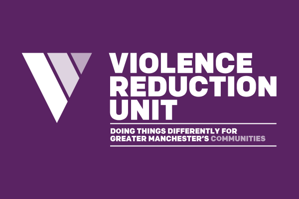 Violence Reduction Unit in bold text against a dark purple background. Slogan underneath reads "Doing Things Differently For Greater Manchester's Communities".