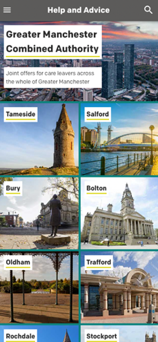 BEEconnected app showing Greater Manchester localities
