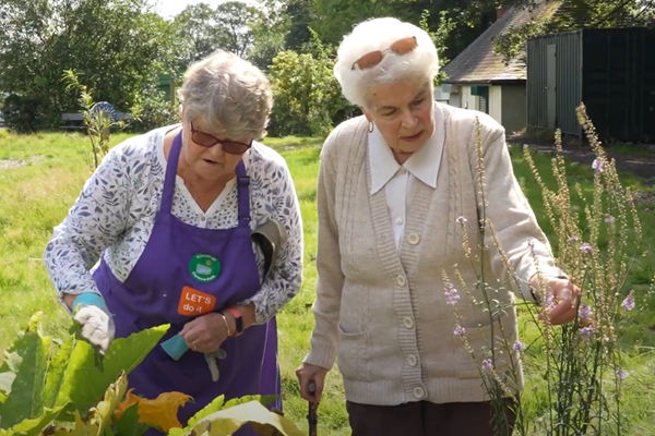 Two older people gardening.