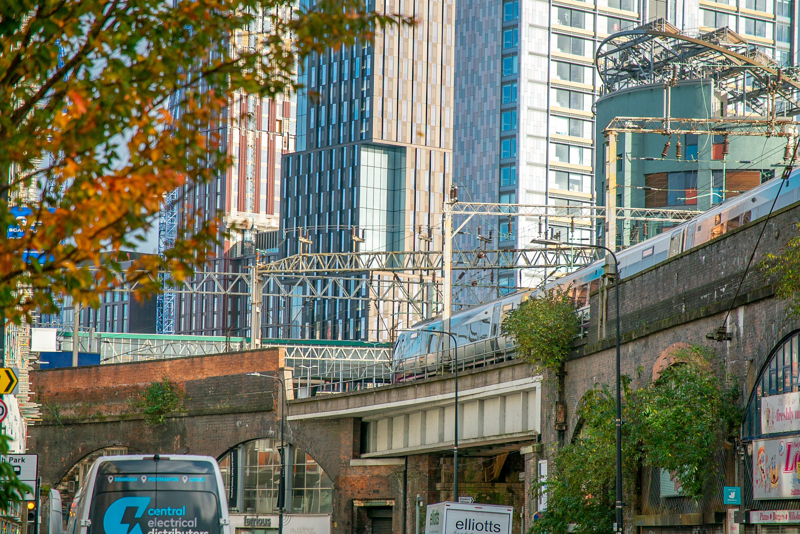 Overhead tram/train line in city
