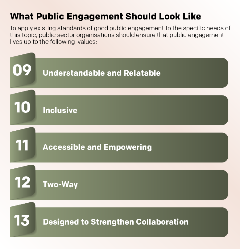 Summary infographic of 9 to 13 What Public Engagement Should Look Like values (listed below)