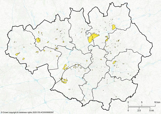 A map of the industrial/warehousing identified land supply in Greater Manchester.