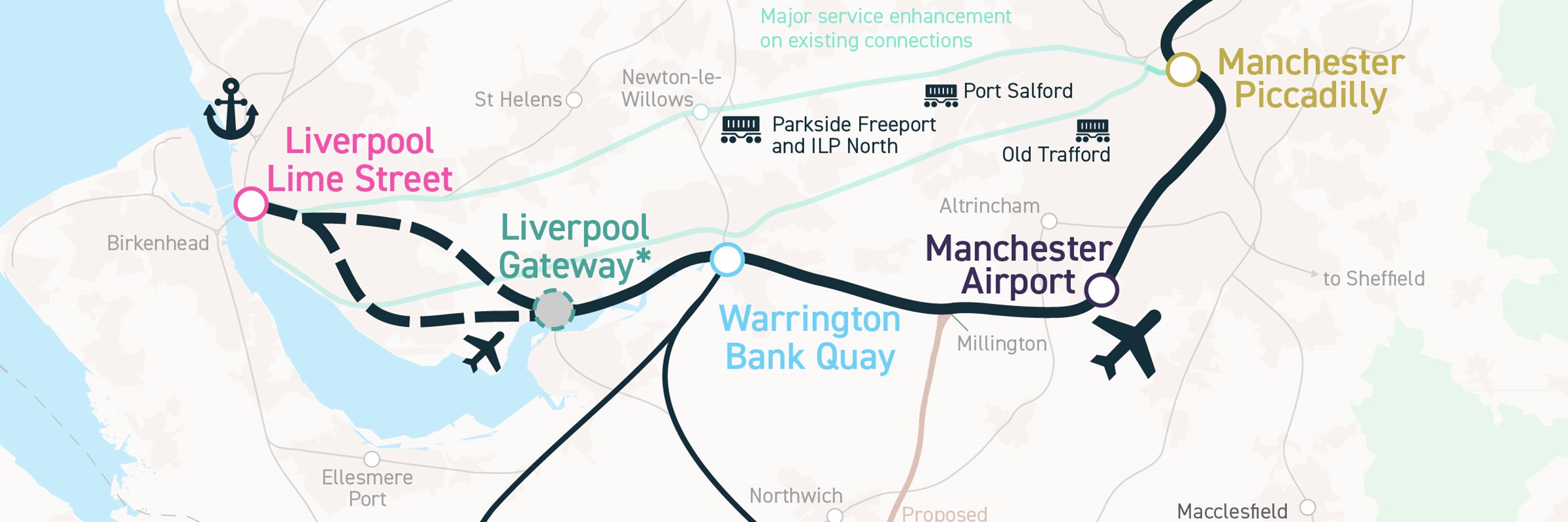 Map of the North West with black lines to indicate the new Liverpool-Manchester Railway