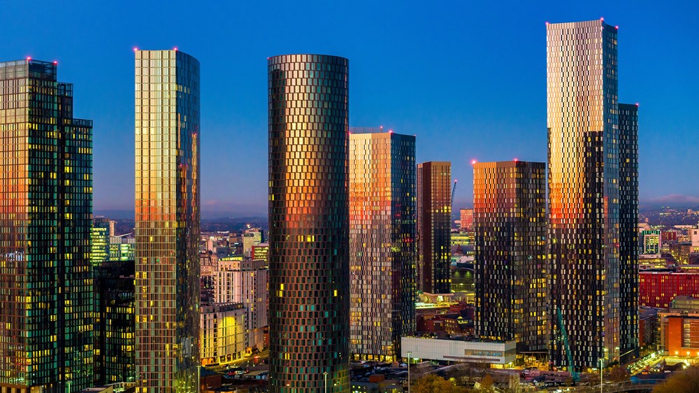 Skyscrapers against a dark blue sky