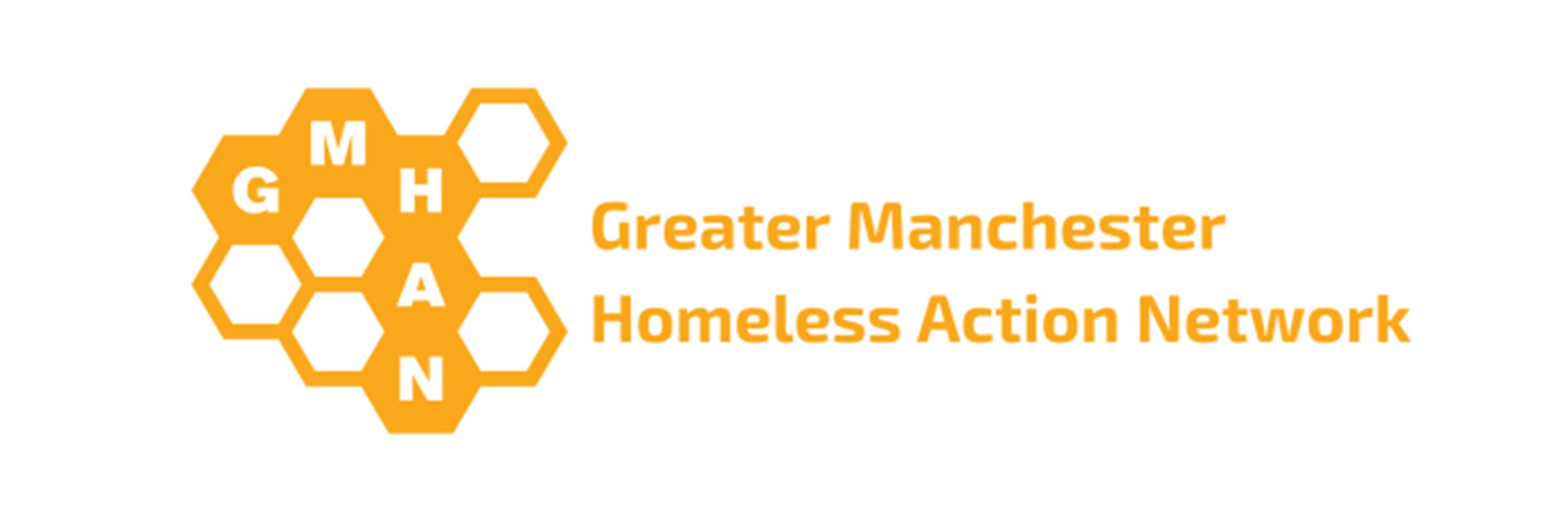 Beehive graphic with the letters G M H A N in blocked out orange octagons. The text alongside reads: "Greater Manchester Homeless Action"