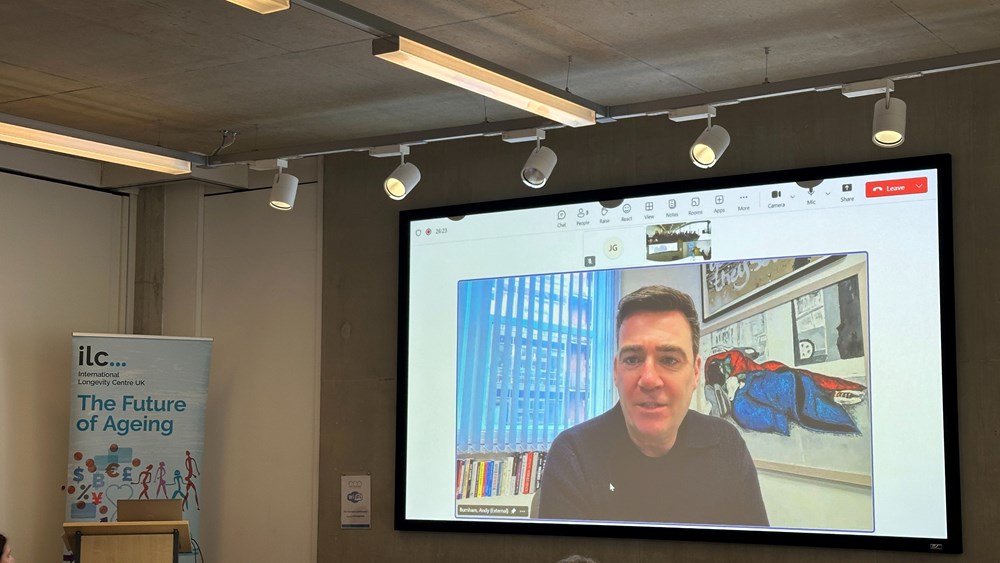 Andy Burnham on a screen delivering a virtual speech at the Future of Ageing conference