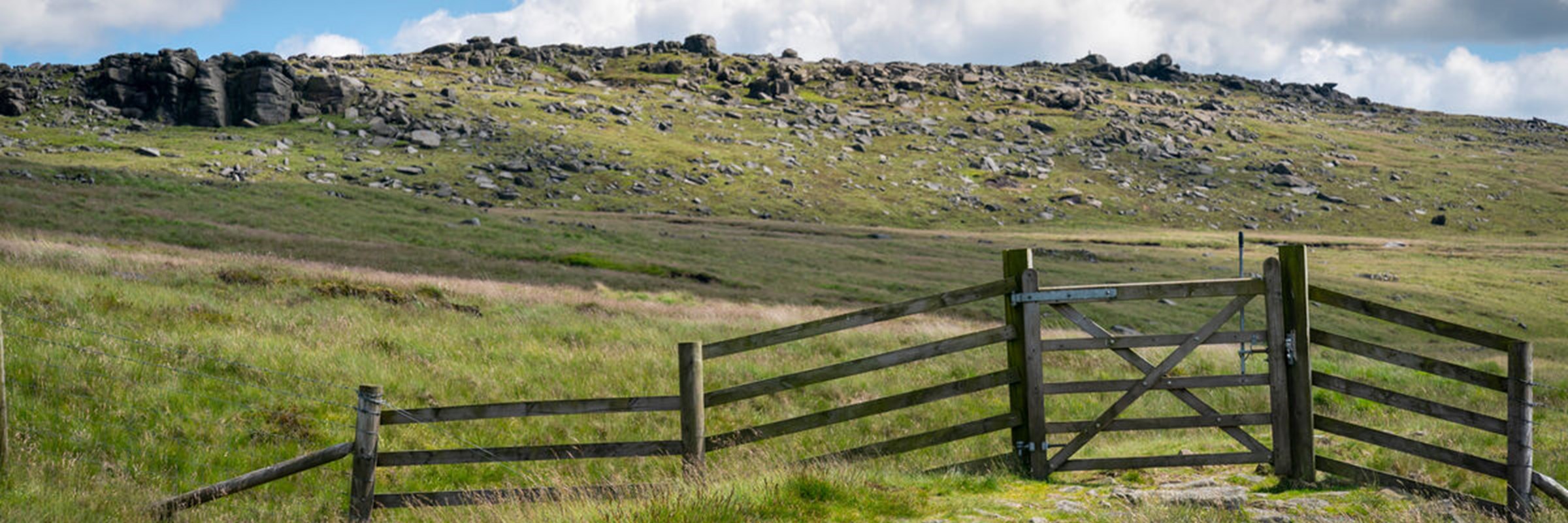 Image of South Pennine Moors SPD area. It shows a wooden fence in front of stone moorland