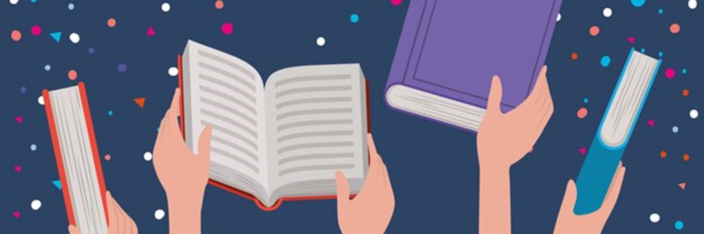 Graphic of people holding books in the air