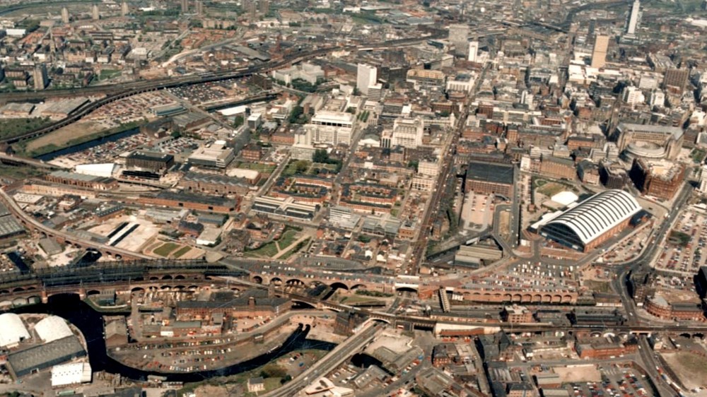 An aerial image of buildings in Manchester in the 1990s